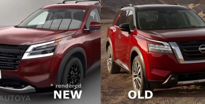 Слева – рендер обновленного Nissan Pathfinder, справа – фото актуального кроссовера
