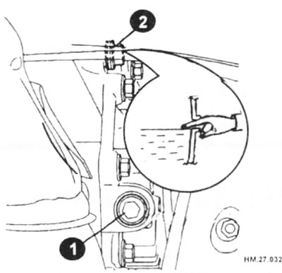 1 — сливная пробка; 2 — пробка отверстия для заполнения.