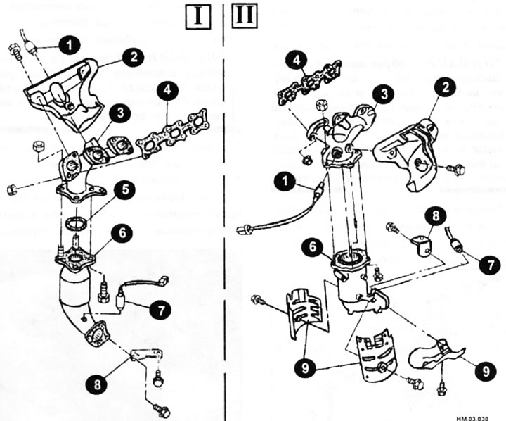 1 — нагреваемый датчик кислорода №1; 2 — крышка выпускного коллектора; 3 — выпускной коллектор; 4 —…