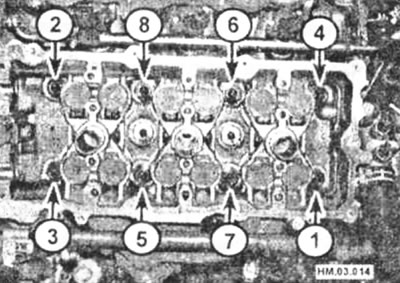 Последовательность отворачивания болтов крепления головки блока цилиндров