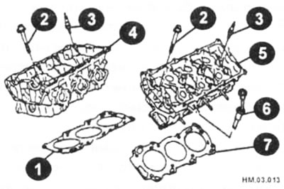 1 — прокладка правой головки блока цилиндров; 2 — болт крепления головки блока цилиндров; 3 — свеча…