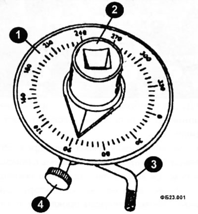 1 — градуированная шкала; 2 — переходник со стрелкой под квадрат удлинителя; 3 — регулируемый упор;…