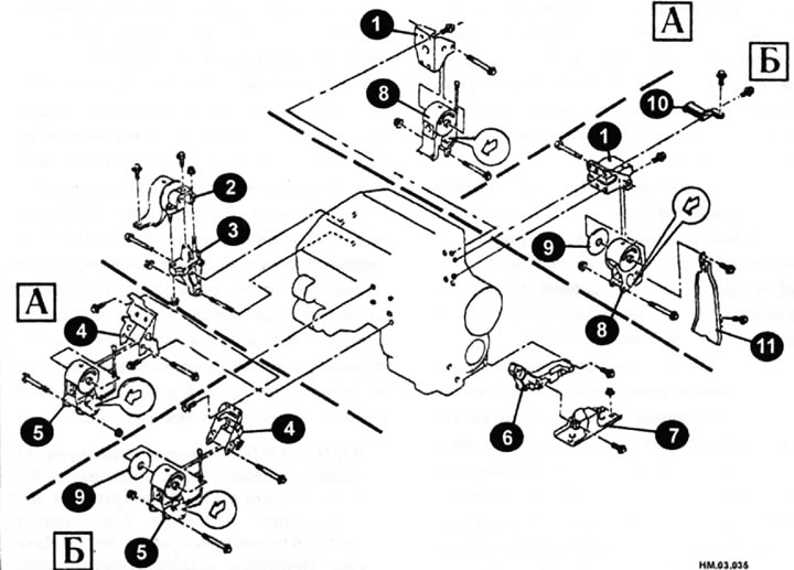 1 — кронштейн задней опоры двигателя; 2 — правая опора двигателя; 3 — кронштейн правой опоры…