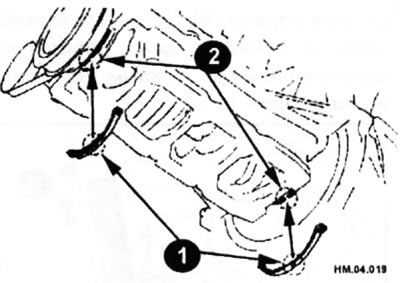 Для установки совместите выступ (1) на прокладке масляного поддона с выемками (2) передней части…