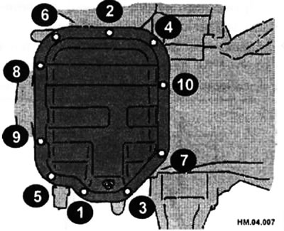 Затяните болты нижней части масляного поддона в последовательности, показанной на рисунке.