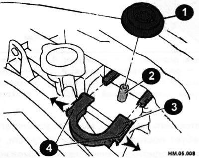 1 — монтажная резинка; 2 — установочный штифт; 3 — верхний зажим радиатора; 4 — язычок.