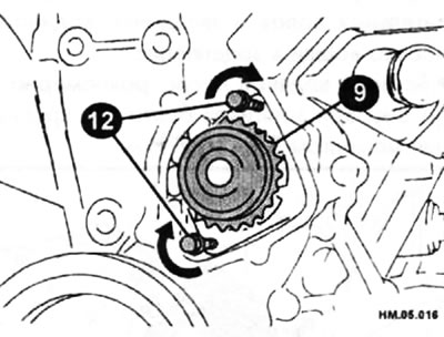 Открутите три болта крепления (10) водяного насоса (9). Зафиксируйте зазор между шестерней водяного…