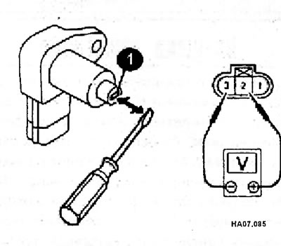 Быстро приближая и удаляя отвертку от сердечника (1) датчика, проверьте напряжение между контактами…