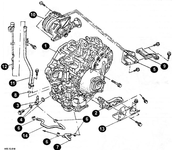 1 — вариатор с ведущим мостом; 2 — кронштейн левой опоры двигателя; 3 — трубка радиатора рабочей…