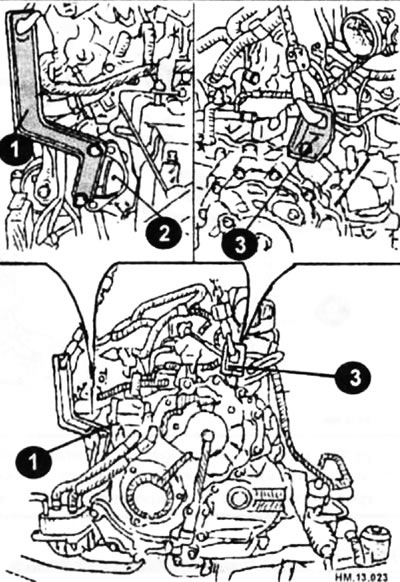 Установите на вариатор с ведущим мостом монтажную скобу (1) в отверстие для установки стартера (2)…