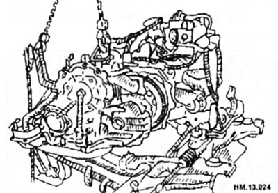С помощью подъемника снимите вариатор с ведущим мостом с двигателя. Для этого в каждую скобу…