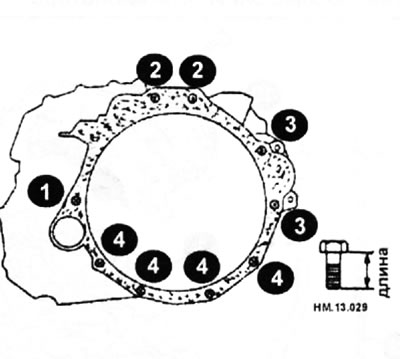 1 — болт длиной 52 мм, затяните моментом 70—79 Н·м; 2 — болты длиной 36 мм, затяните моментом 70—79…