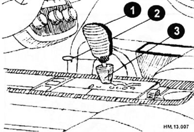 1 - ручка рычага селектара, 2 клямар мацавання; 3 - кажух