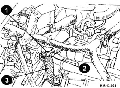 1 - трос кіравання; 2 - гайка; 3 - рычаг кіравання.