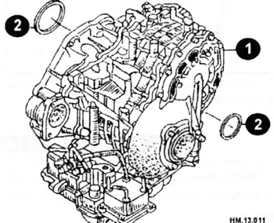1 — вариатор с ведущим мостом; 2 — боковой сальник дифференциала.