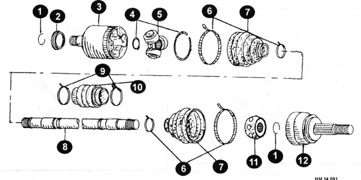 1 — стопорное кольцо; 2 — пыльник; 3 — внутренний шарнир в сборе; 4 — стопорное кольцо; 5 — трипод;…