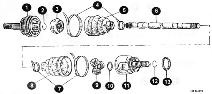 1 — наружный шарнир; 2 — стопорное кольцо; 3 — сепаратор с шариками/стальные шарики/внутренняя…