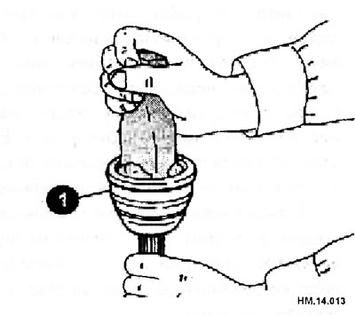 Заполните фирменной смазкой NISSAN или аналогичной внутреннюю полость наружного шарнира (1) так,…