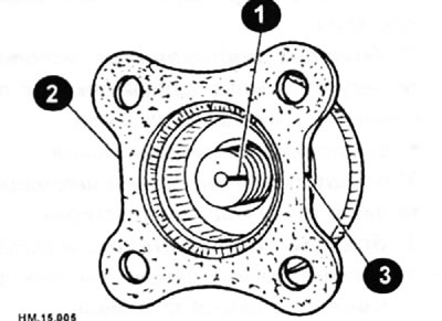 Нанесите краской метку (1) на конец ведущей шестерни, которая соответствует метке В (3),…