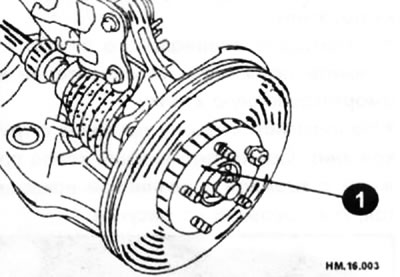 Нанесите установочные метки (1) на тормозной диск и на ступицу колеса с колесным подшипником, а…