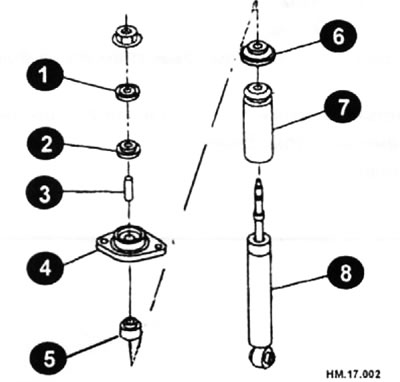 1 - вонкавая шайба; 2 - утулка А; 3 - дыстанцыйная трубка; 4 - апора амартызатара; 5 - утулка У; 6…