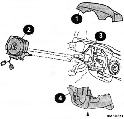 Снимите верхнюю (1) и нижнюю (4) крышки рулевой колонки (3).