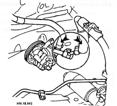 Отсоедините от насоса трубки высокого и низкого давления (стрелки). Будьте готовы к тому, что из…