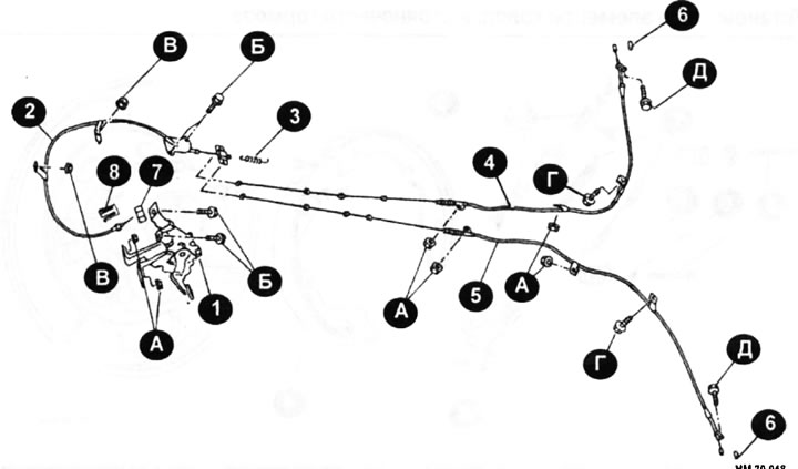 1 — кронштейн педали в сборе; 2 — передний трос; 3 — возвратная пружина; 4 — правый задний трос; 5…