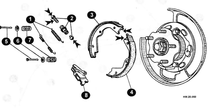 1 — возвратная пружина; 2 — регулятор в сборе; 3 — колодка (ведомая); 4 — колодка (ведущая); 5 —…