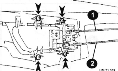 1 — трос кнопки блокировки замка; 2 — трос внутренней ручки двери.