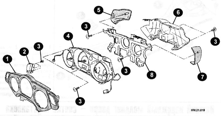1 - вечка панэлі прыбораў; 2 - перамыкач паказанняў лічыльніка агульнага і дзённага прабегу і…