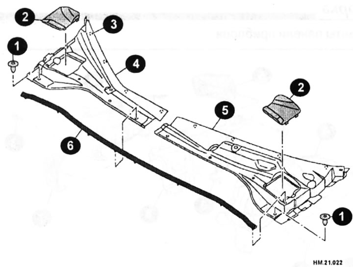 1 - зажим; 2 — заглушка; 3 — «собачка», 4 — правая крышка панели перед ветровым стеклом; 5 — левая…