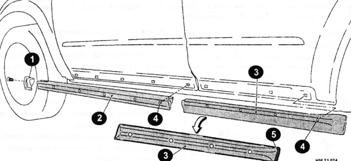 1 — нижний молдинг переднего крыла; 2 — нижний молдинг передней двери; 3 — нижний молдинг задней…
