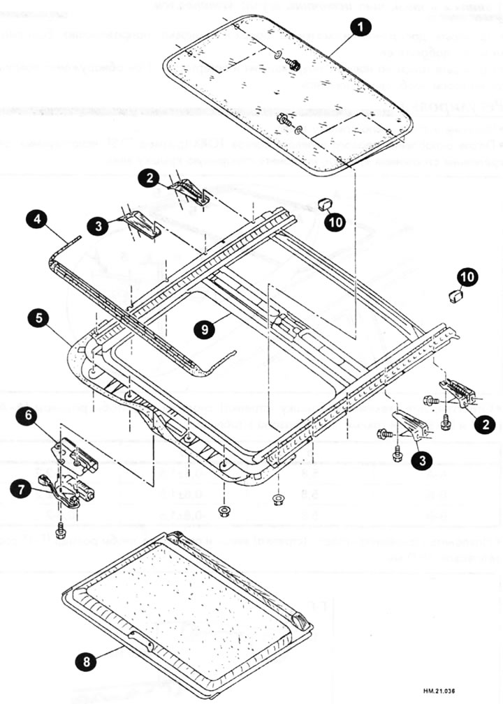 1 — стеклянная крышка; 2 — задний кронштейн люка; 3 - передний кронштейн люка; 4 — обтекатель; 5 —…