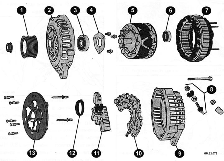 1 — шкив; 2 — передняя крышка; 3 — подшипник; 4 — держатель подшипника; 5 — ротор; 6 — контактное…