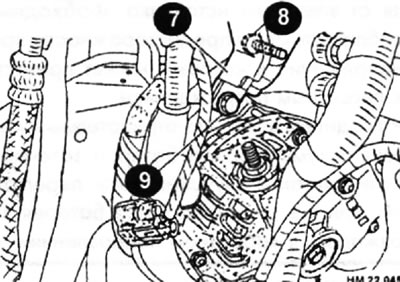 Открутите болт крепления генератора (9).