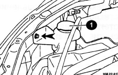 Адкруціце шрубу мацавання (стрэлка) гарлавіны бачка шклоамывальніка (1).