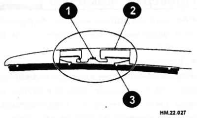 1 — штифт; 2 — рычаг стеклоочистителя; 3 — щетка стеклоочистителя.