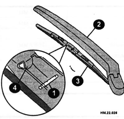 1 — штифт; 2 — рычаг стеклоочистителя; 3 — щетка стеклоочистителя; 4 — рычаг крепления.