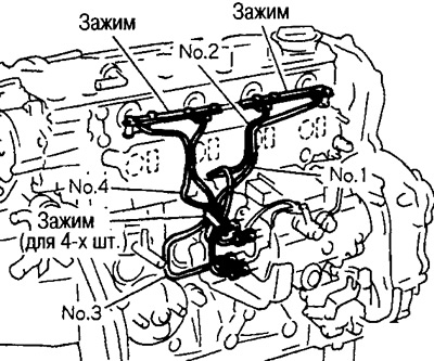 Вырабіце пазнакі нумароў цыліндраў, а затым зніміце паліўныя трубкі высокага ціску.