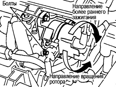 Пры кручэнні размеркавальніка направа кут апярэджання запальвання павялічваецца.