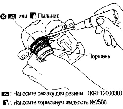 2. Aplicați lichid de frână Nissan #2500 sau lubrifiant pentru anvelope Nissan (KRE1200030) pe…