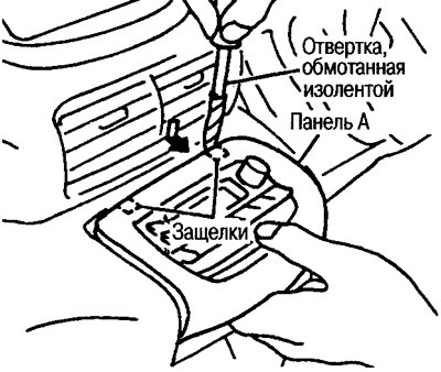 Абматайце адвёртку ізастужкай, устаўце яе ў зазор у верхняй частцы панэлі, вызваліце зашчапкі і…