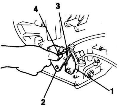 1. Spínacia páka; 2. Páka voliča prevodovky; 3. Nastavovacie otvory; 4. Vŕtajte 4 mm