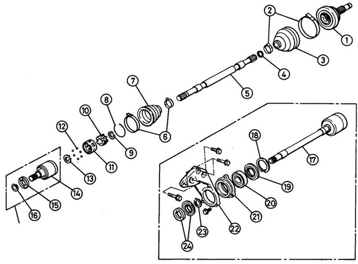 1. Vonkajší kĺb CV; 2, 6. Svorky; 3, 7. Prípad; 4, 8, 16, 18. Poistný krúžok; 5. Polovičný hriadeľ;…