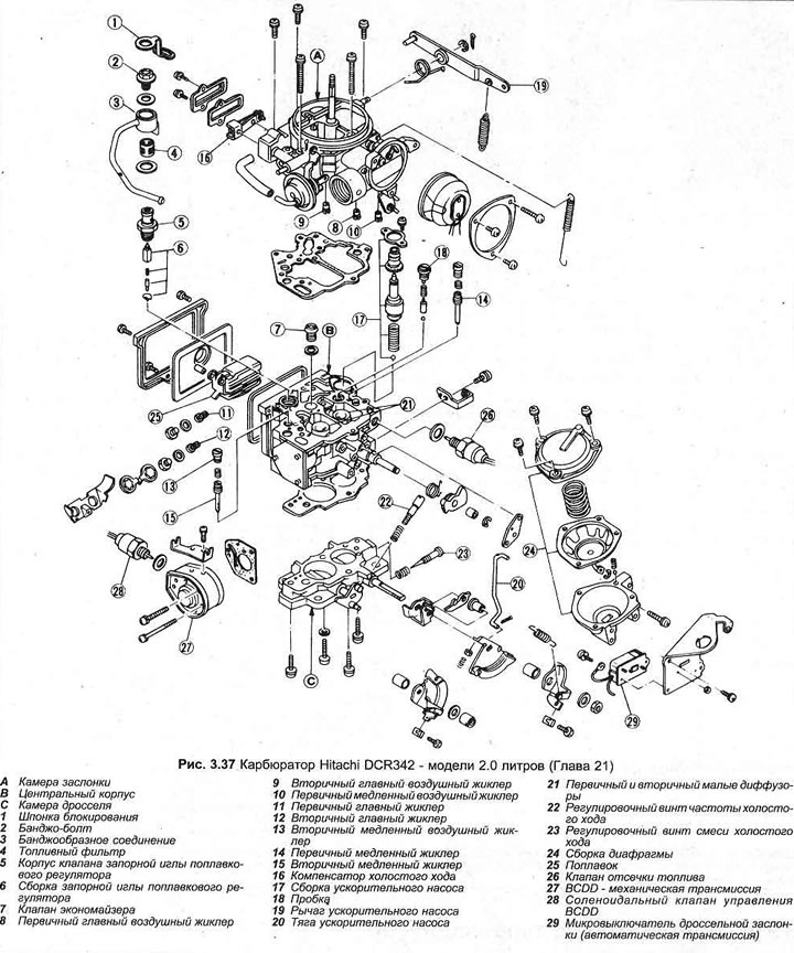Kreslenie. 3.37. Karburátor Hitachi DCR342 - 2,0 litrové modely