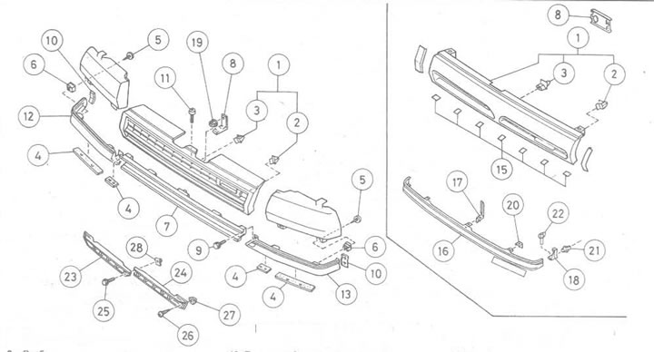 Рис. 11.2. Передняя решетка радиатора и панели её отделки: 1. Решетка радиатора; 2. Скоба; 3.…