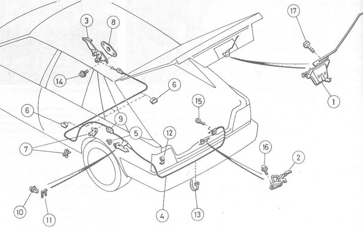 Мал. 11.11. Тросік які адкрывае вечка багажніка / заднюю дзверы і тросік рычага адкідной створкі 1.…