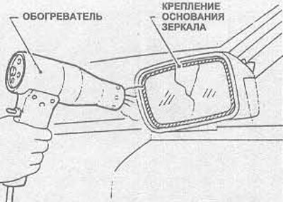 Мал. 11.18. Разагрэйце падставу шкла, каб зняць шкло вонкавага люстэрка