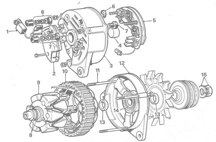 Рис. 12.3. Генератор Lucas/Magneti Marelli: 1. Сглаживающий конденсатор; 2. Сборка регулятор…